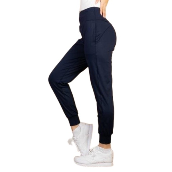 High Waisted Wide Women’s Waistband Joggers Navy - Picture 2 of 11
